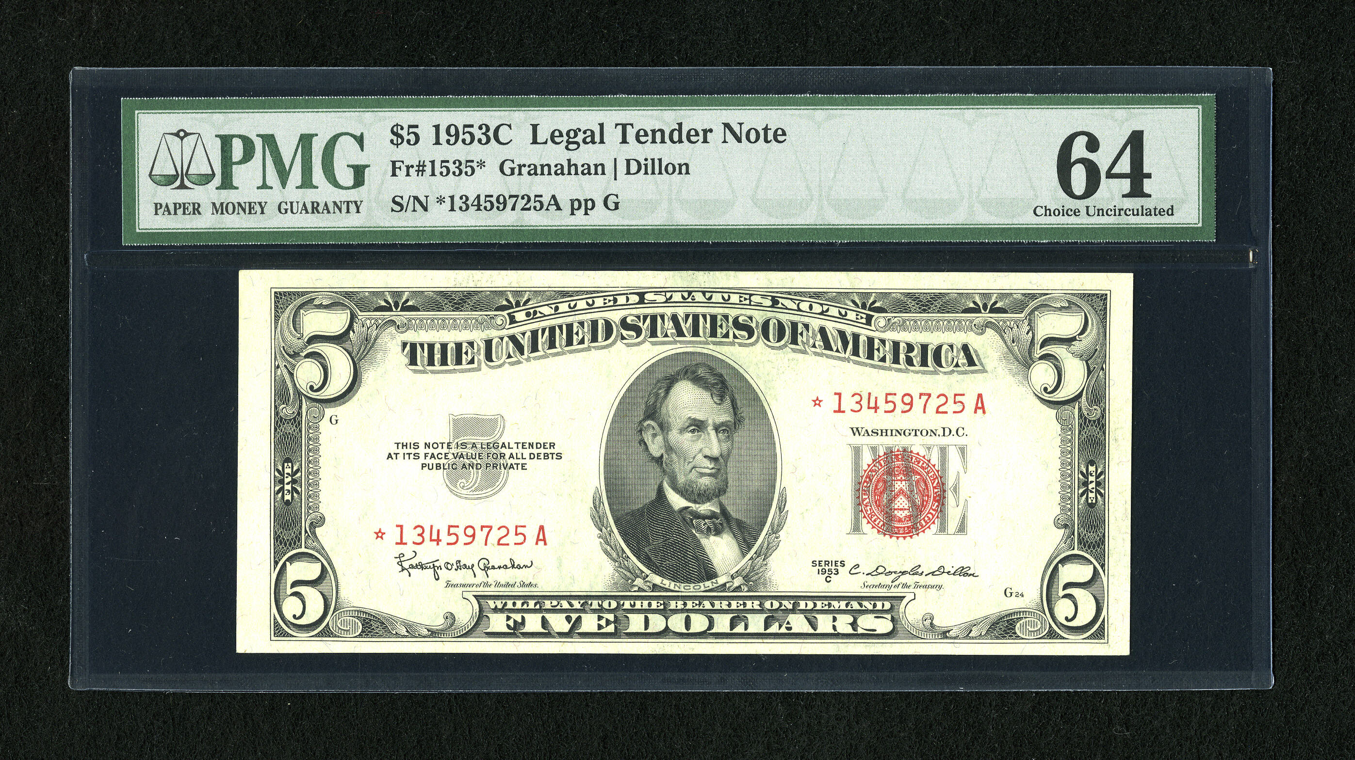 image for: Fr. 1535* $5 1953C Legal Tender Star Note. PMG Choice Uncirculated 64....