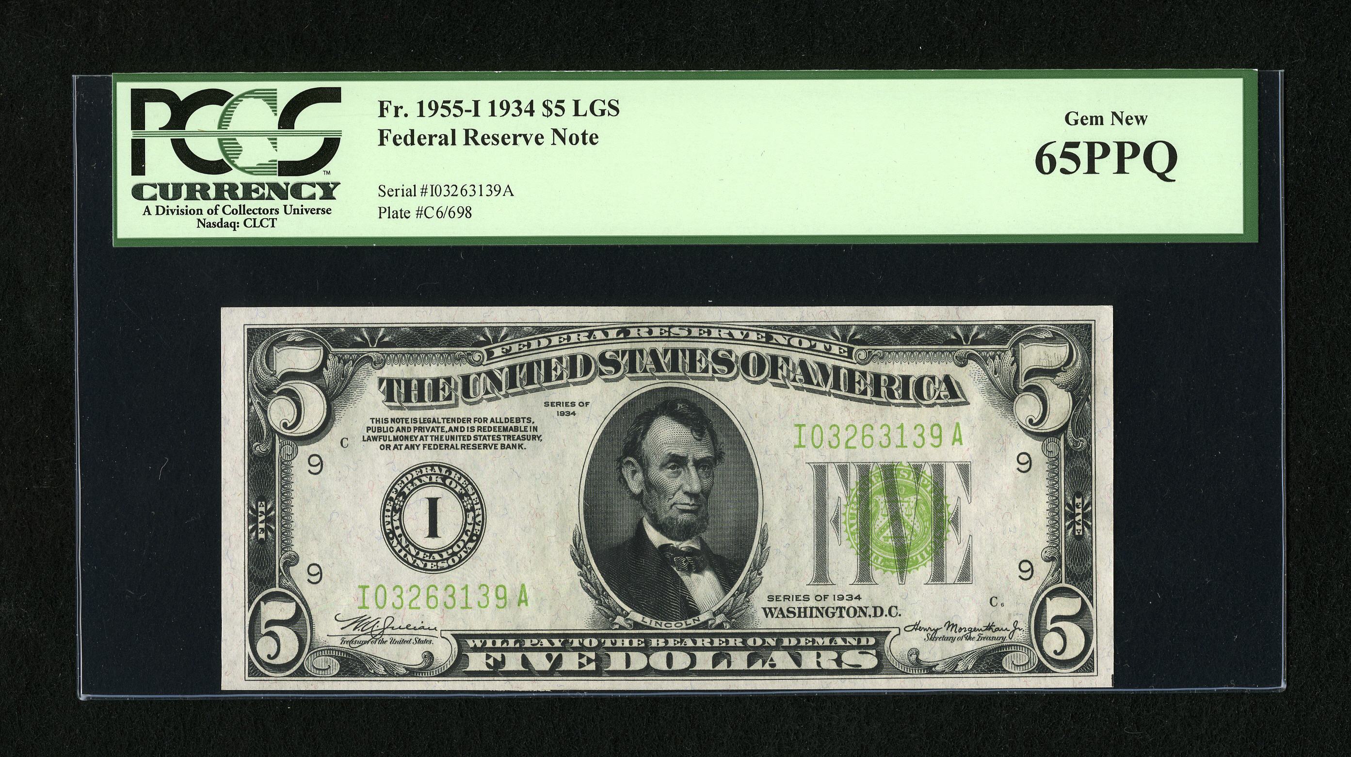 image for: Fr. 1955-I $5 1934 Federal Reserve Note. PCGS Gem New 65PPQ....