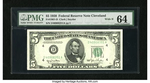 image for: Fr. 1961-D $5 1950 Wide II Federal Reserve Note. PMG Choice Uncirculated 64....