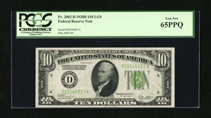 image for: Fr. 2002-D $10 1928B Light Green Seal Federal Reserve Note. PCGS Gem New 65PPQ....
