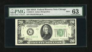 image for: Fr. 2055-G $20 Mule 1934A Federal Reserve Note. PMG Choice Uncirculated 63....