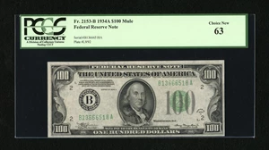 image for: Fr. 2153-B $100 1934A Mule Federal Reserve Note. PCGS Choice New 63....