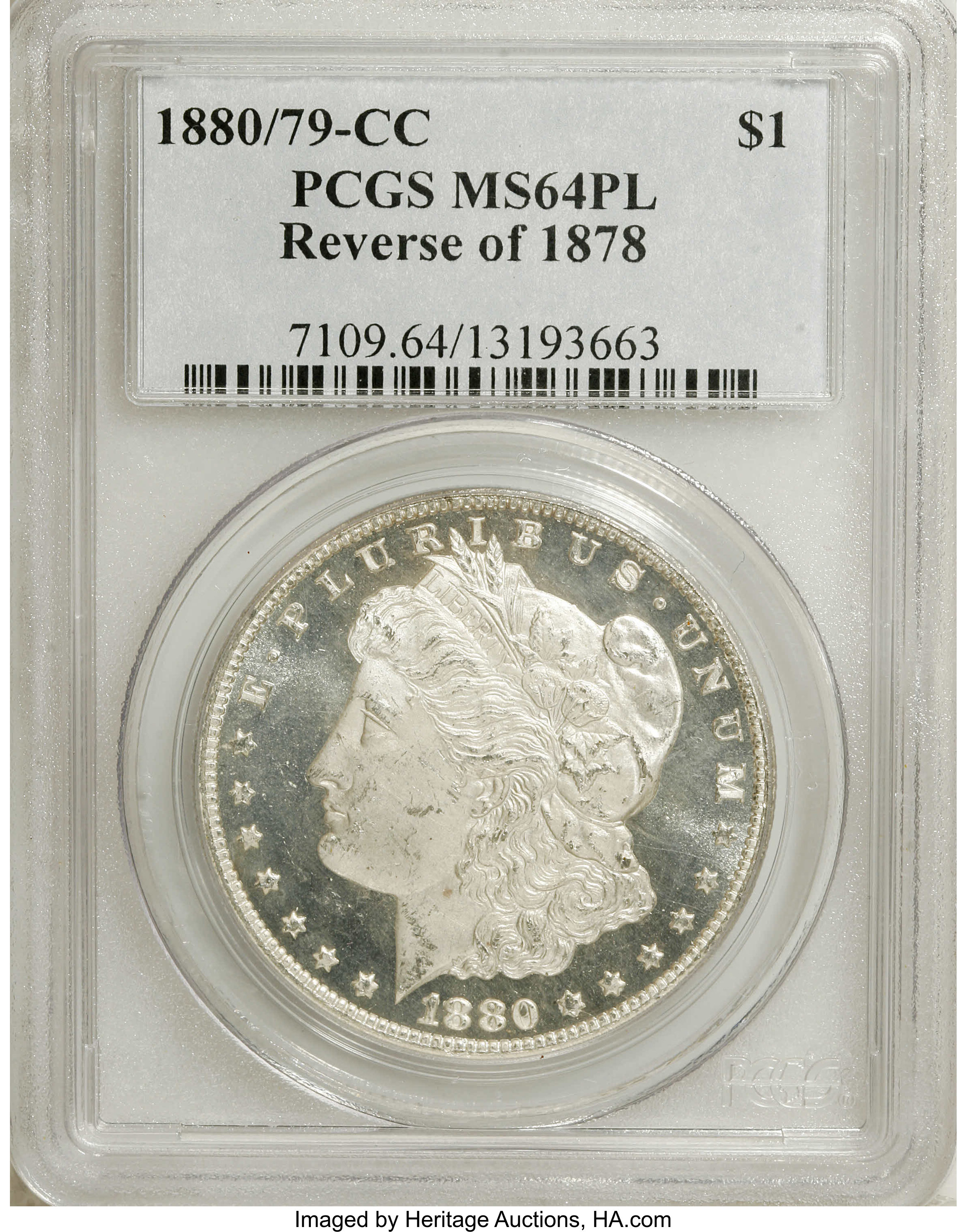 image for: 1880/79-CC $1 Reverse of 1878 MS64 Prooflike PCGS. VAM-4. A Top 100 Variety. Struck from a re...