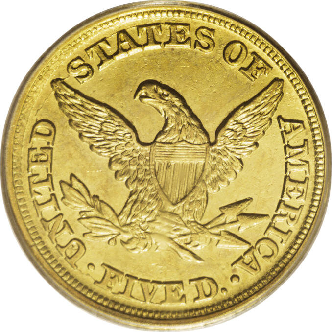 image for: 1851-D $5 Weak D AU58 PCGS.  Variety 26-O. The first 1 in the date is imbedded in a denticle and shows noticeable repunchin...