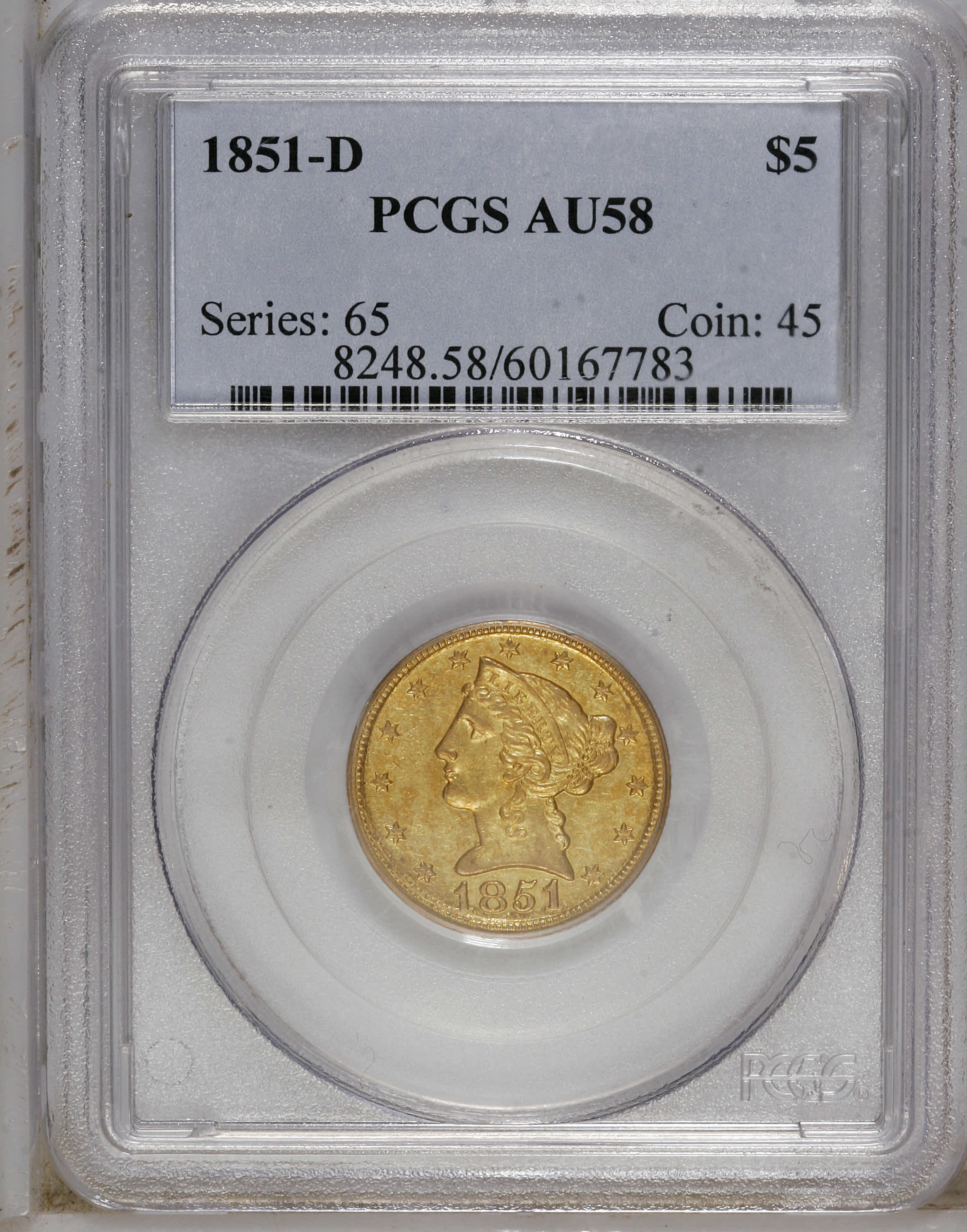 image for: 1851-D $5 Weak D AU58 PCGS.  Variety 26-O. The first 1 in the date is imbedded in a denticle and shows noticeable repunchin...