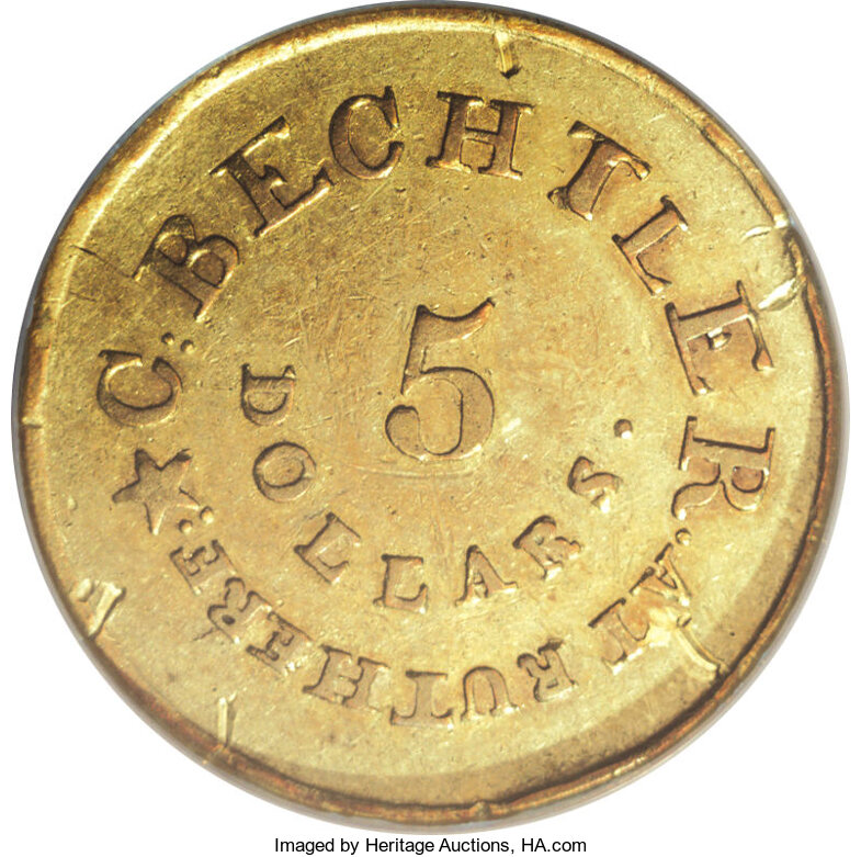 image for: (1837-42) $5 C. Bechtler Five Dollar, 134G, With Star--Damaged--NCS. AU50 Details. K-20, R.4. The Bechtlers appear to have ...