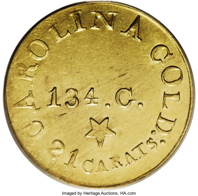 image for: (1837-42) $5 C. Bechtler Five Dollar, 134G, With Star AU55 PCGS. K-20, R.4. A large star is centered under 134. G. on this ...