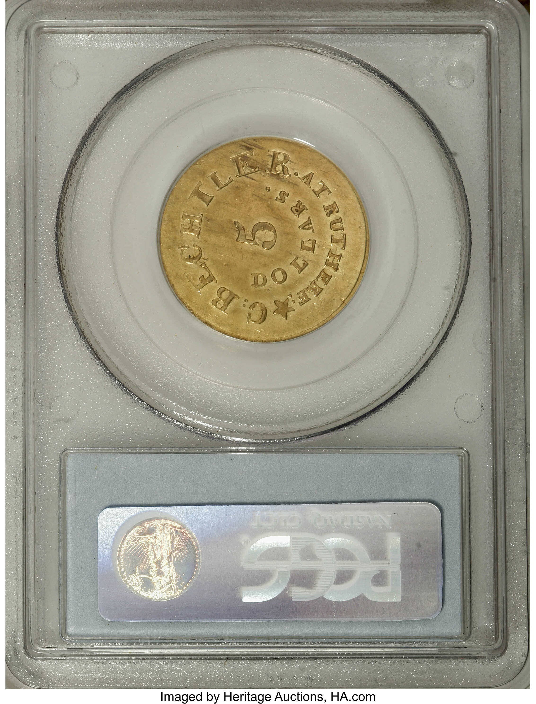 image for: (1837-42) $5 C. Bechtler Five Dollar, 134G, With Star AU55 PCGS. K-20, R.4. A large star is centered under 134. G. on this ...