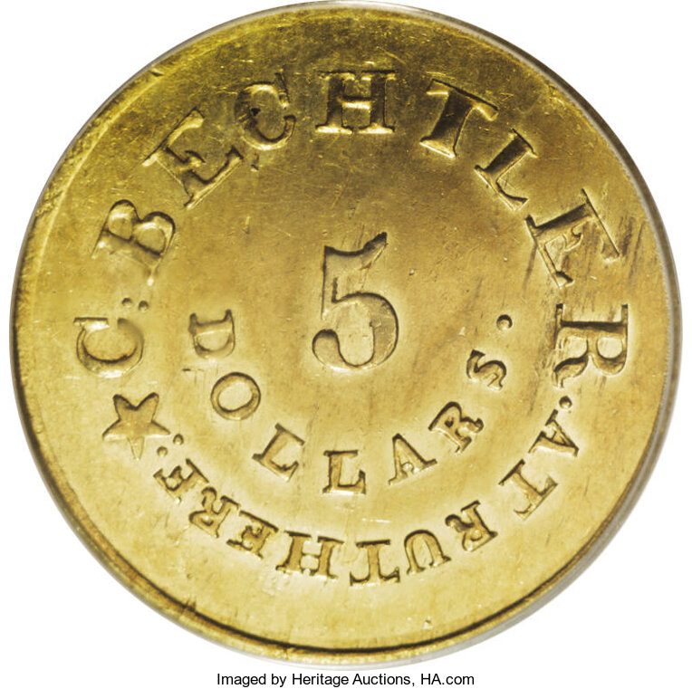 image for: (1837-42) $5 C. Bechtler Five Dollar, 134G, With Star AU55 PCGS. K-20, R.4. A large star is centered under 134. G. on this ...