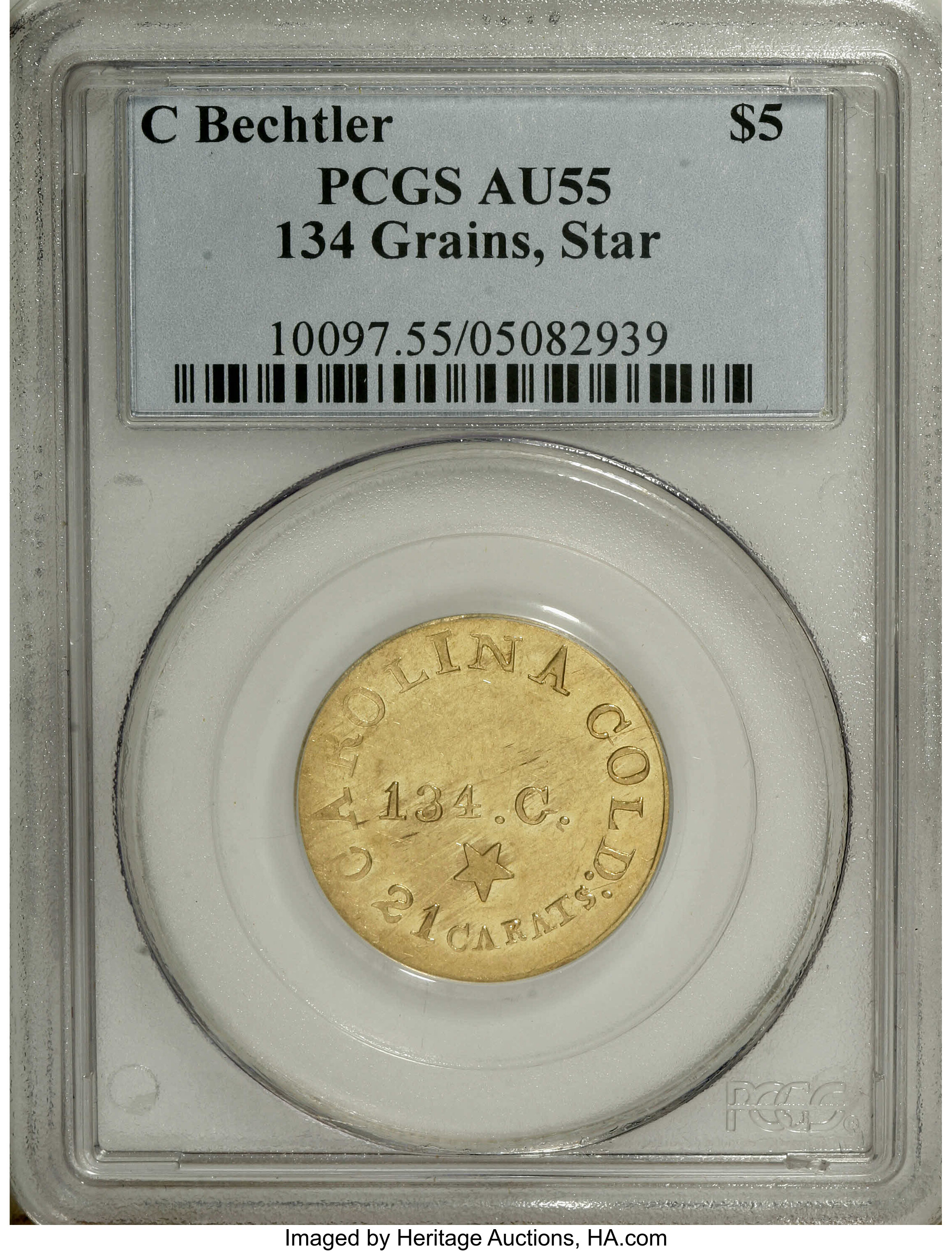 image for: (1837-42) $5 C. Bechtler Five Dollar, 134G, With Star AU55 PCGS. K-20, R.4. A large star is centered under 134. G. on this ...
