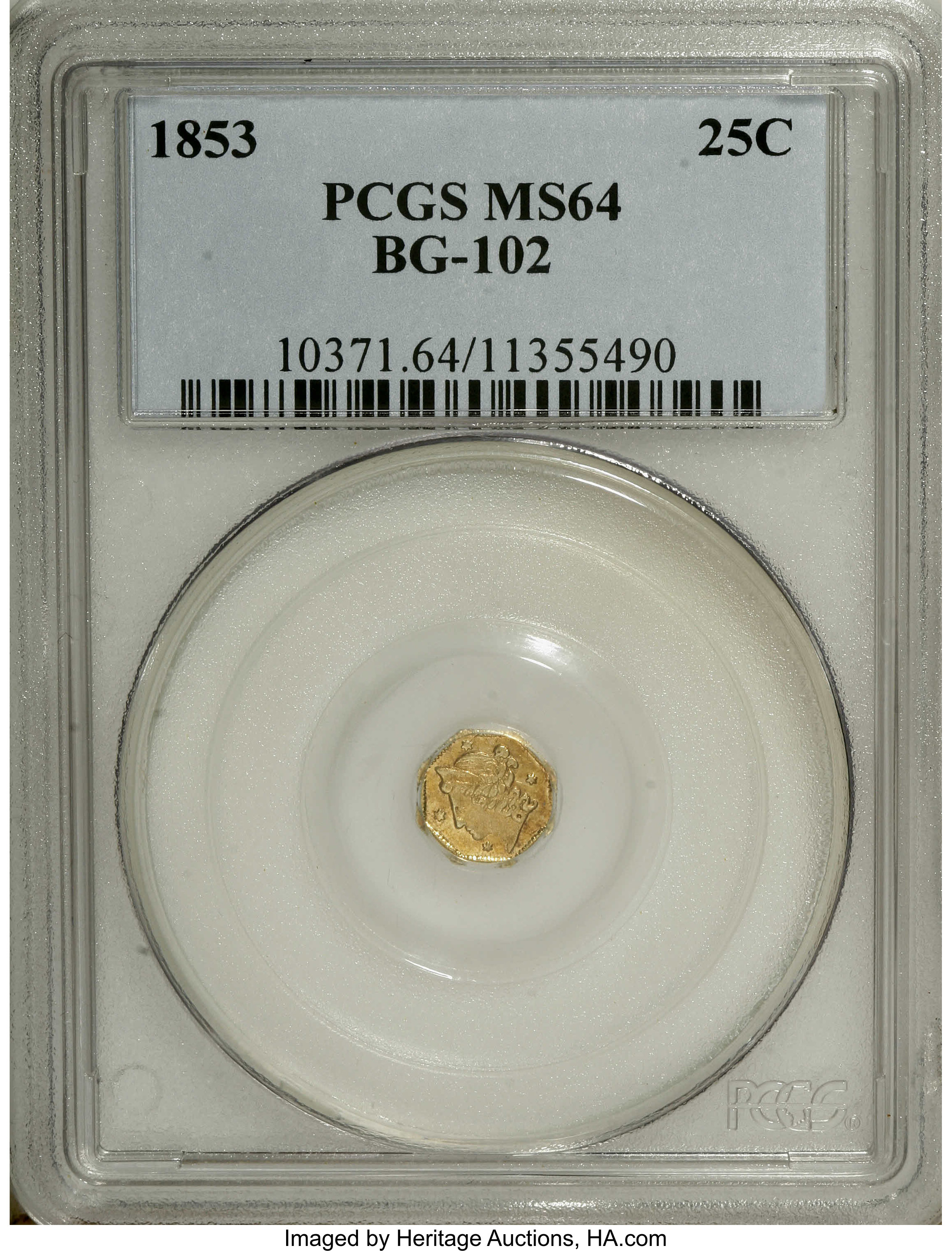 image for: 1853 25C Liberty Octagonal 25 Cents, BG-102, Low R.4, MS64 PCGS. Die State II with a weak 8 in the date. This pleasing yell...