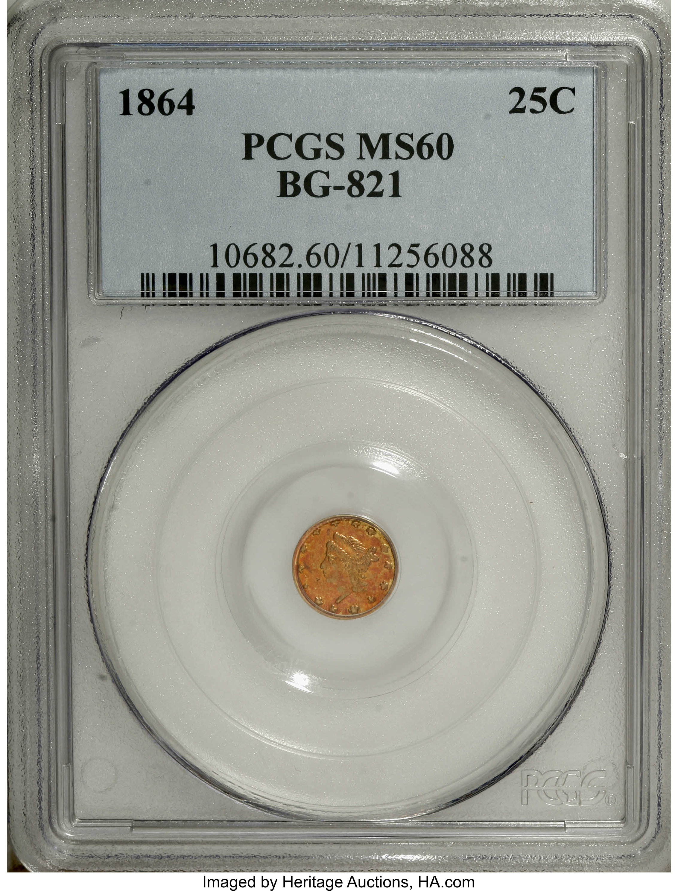 image for: 1864 25C Liberty Round 25 Cents, BG-821, Low R.5, MS60 PCGS. Rich cherry-red toning dominates the obverse. The reverse has ...