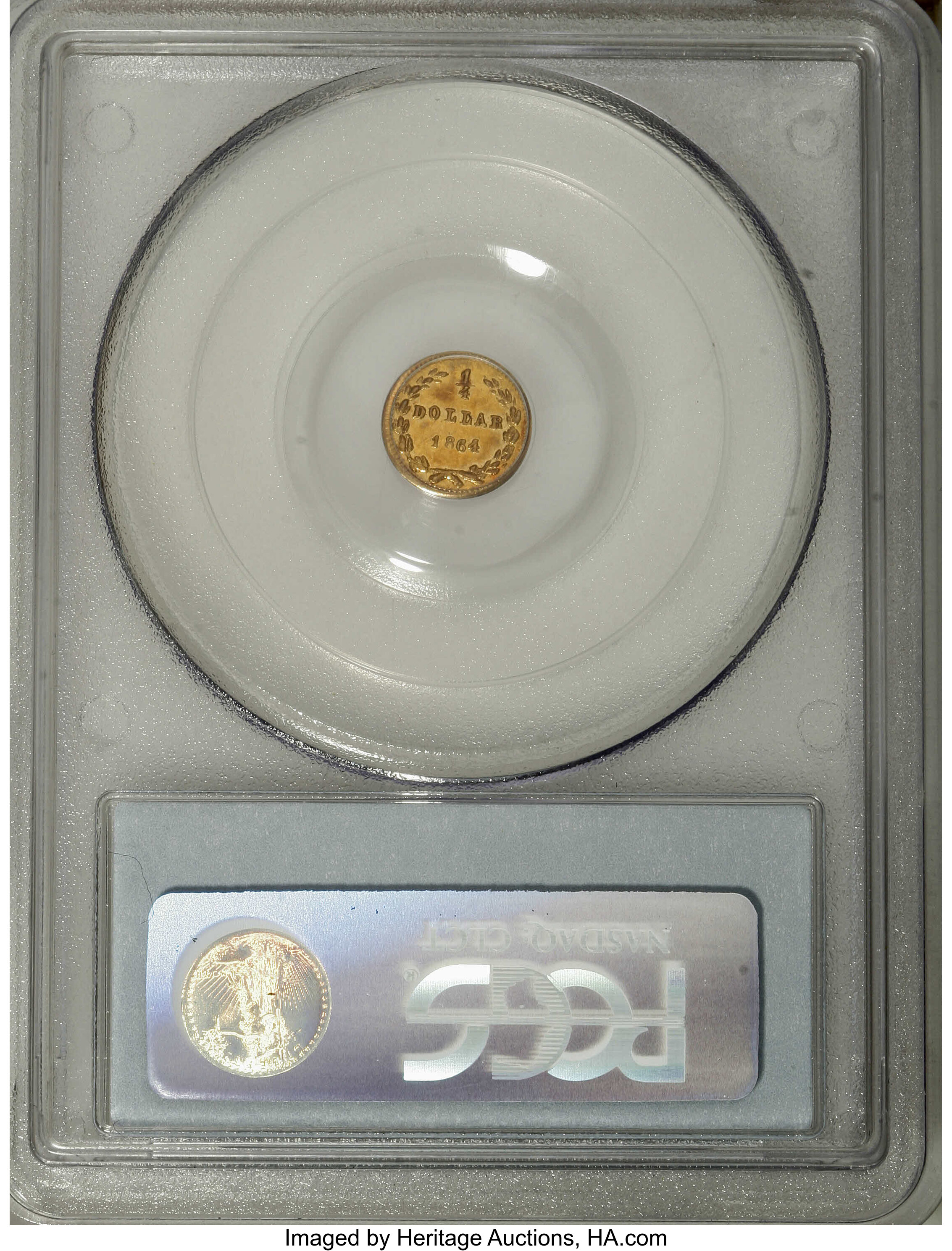 image for: 1864 25C Liberty Round 25 Cents, BG-821, Low R.5, MS60 PCGS. Rich cherry-red toning dominates the obverse. The reverse has ...