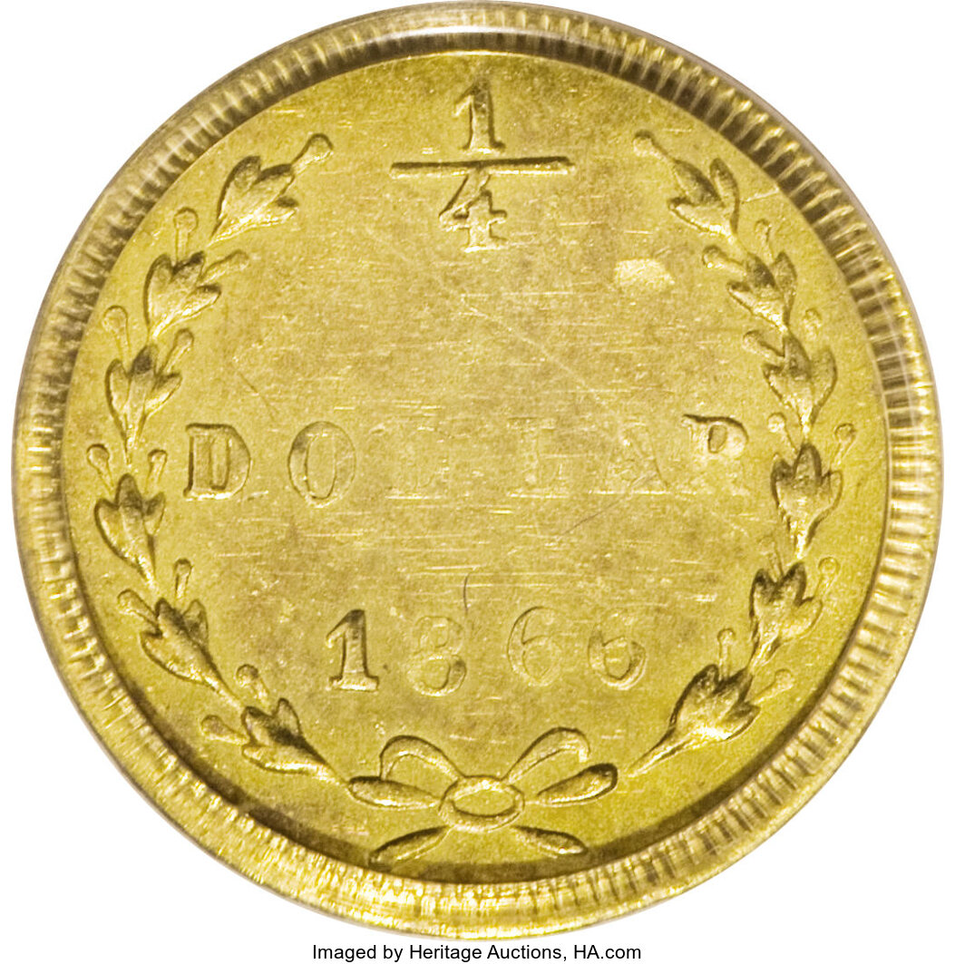 image for: 1866 25C Liberty Round 25 Cents, BG-823, R.7, MS63 PCGS. The single finest PCGS-certified example of this rare Breen-Gillio...