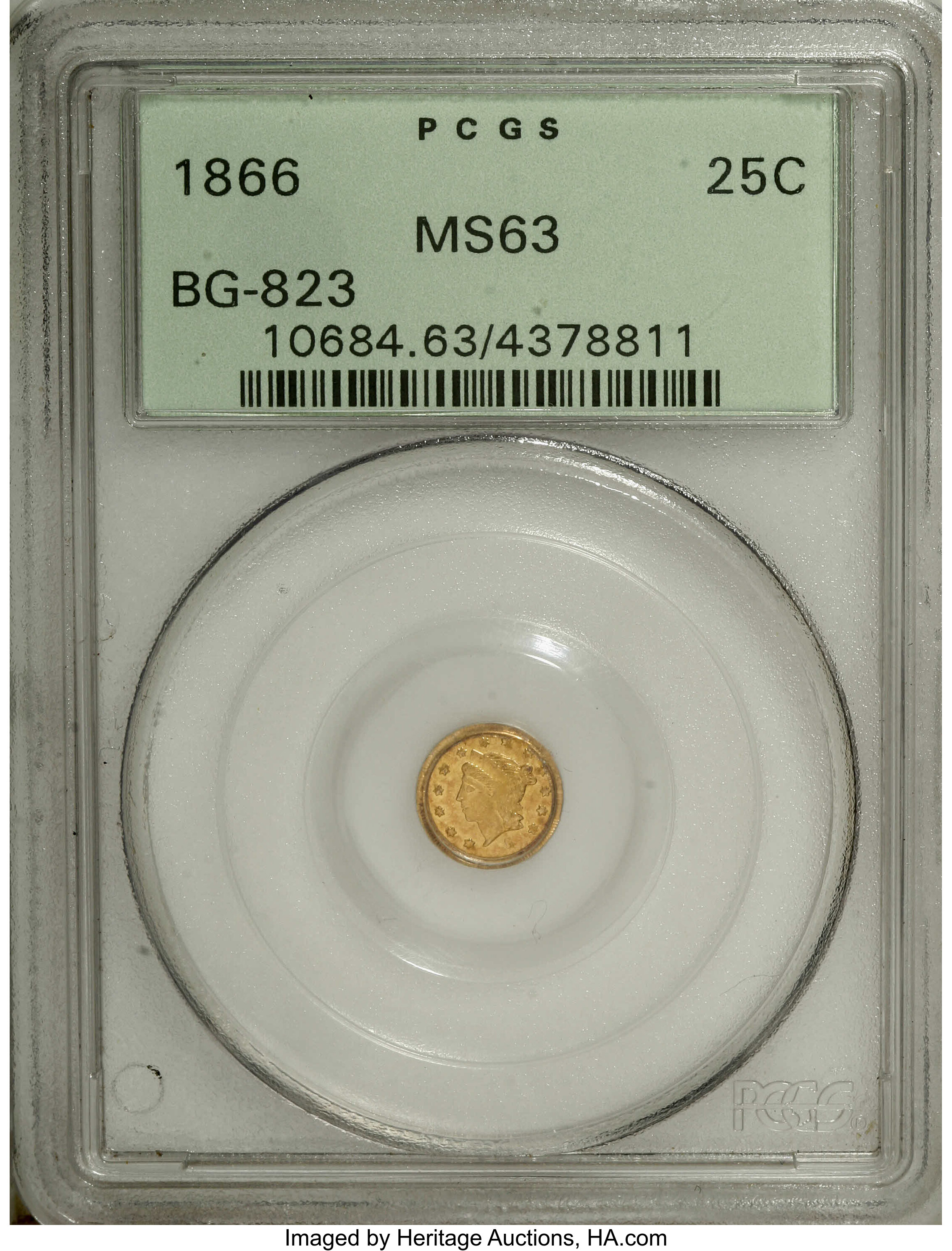 image for: 1866 25C Liberty Round 25 Cents, BG-823, R.7, MS63 PCGS. The single finest PCGS-certified example of this rare Breen-Gillio...