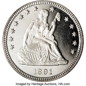 image for: 1891 25C PR64 Deep Cameo PCGS. The 1891 quarter saw 600 proofs made, a goodly number of which have apparently survived to t...