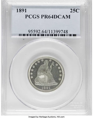 image for: 1891 25C PR64 Deep Cameo PCGS. The 1891 quarter saw 600 proofs made, a goodly number of which have apparently survived to t...