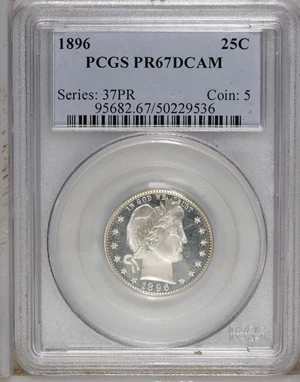 image for: 1896 25C PR67 Deep Cameo PCGS. As much as the Barber design has been maligned as unimaginative and aesthetically unappealin...