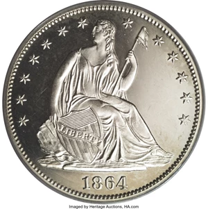 image for: 1864 50C PR64 Cameo PCGS. Fewer than 40 of the 470-piece 1864 proof half dollar mintage have been assigned a Cameo designat...