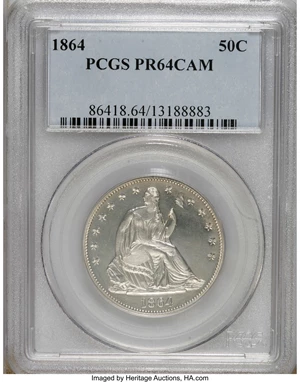 image for: 1864 50C PR64 Cameo PCGS. Fewer than 40 of the 470-piece 1864 proof half dollar mintage have been assigned a Cameo designat...