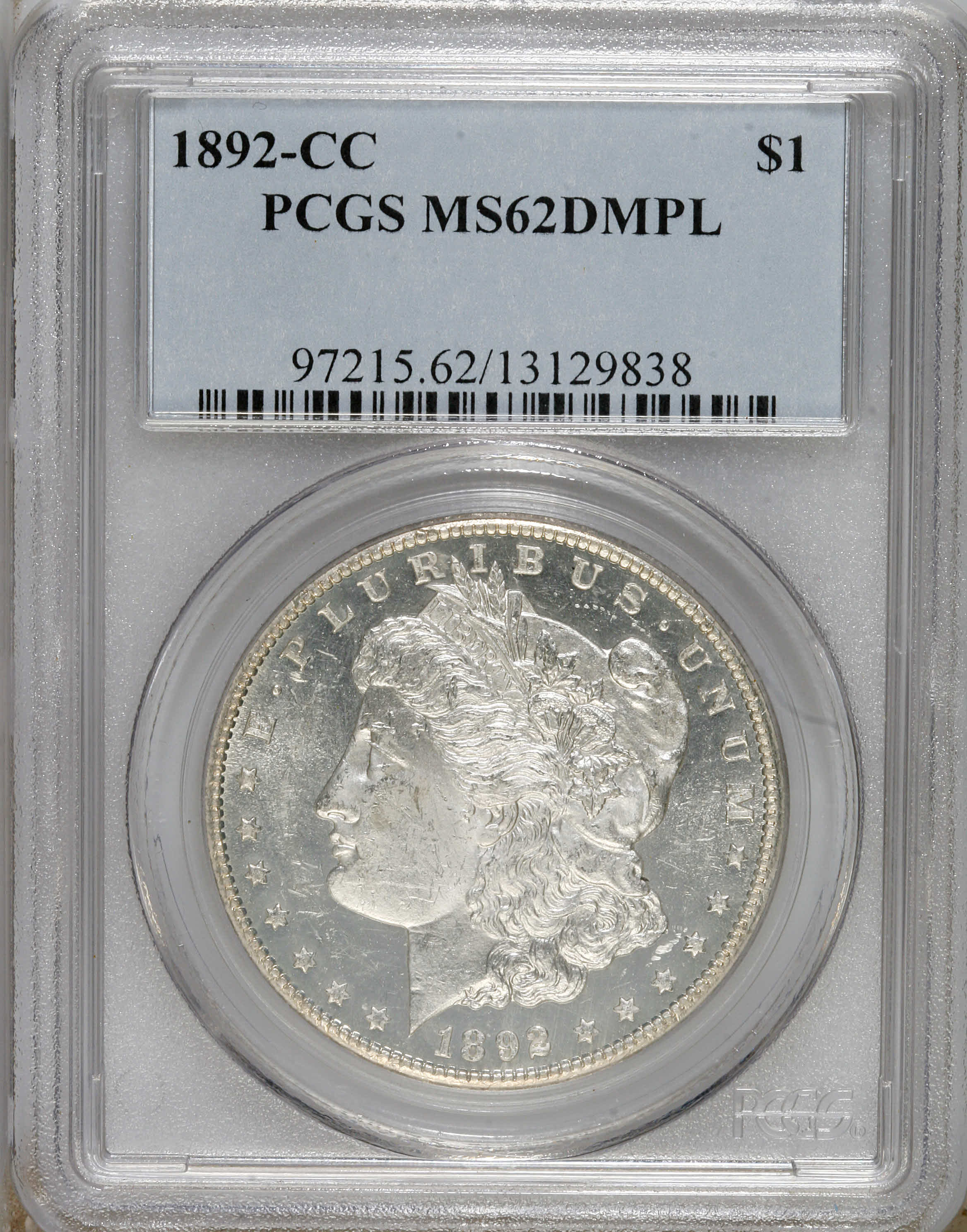 image for: 1892-CC $1 MS62 Deep Mirror Prooflike PCGS. Outstanding deeply mirrored fields establish exce...