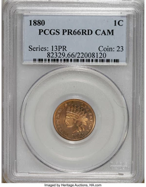 image for: 1880 1C PR66 Red Cameo PCGS. Every design element is boldly rendered on this beautiful Premium Gem proof. The surfaces are ...