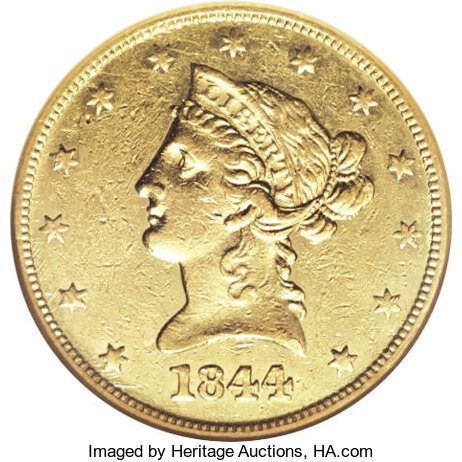 image for: 1844 $10 XF45 NGC. Struck during the last year of the Hard Times, 1838-1844, the 1844 ten dollar had a low mintage of only ...