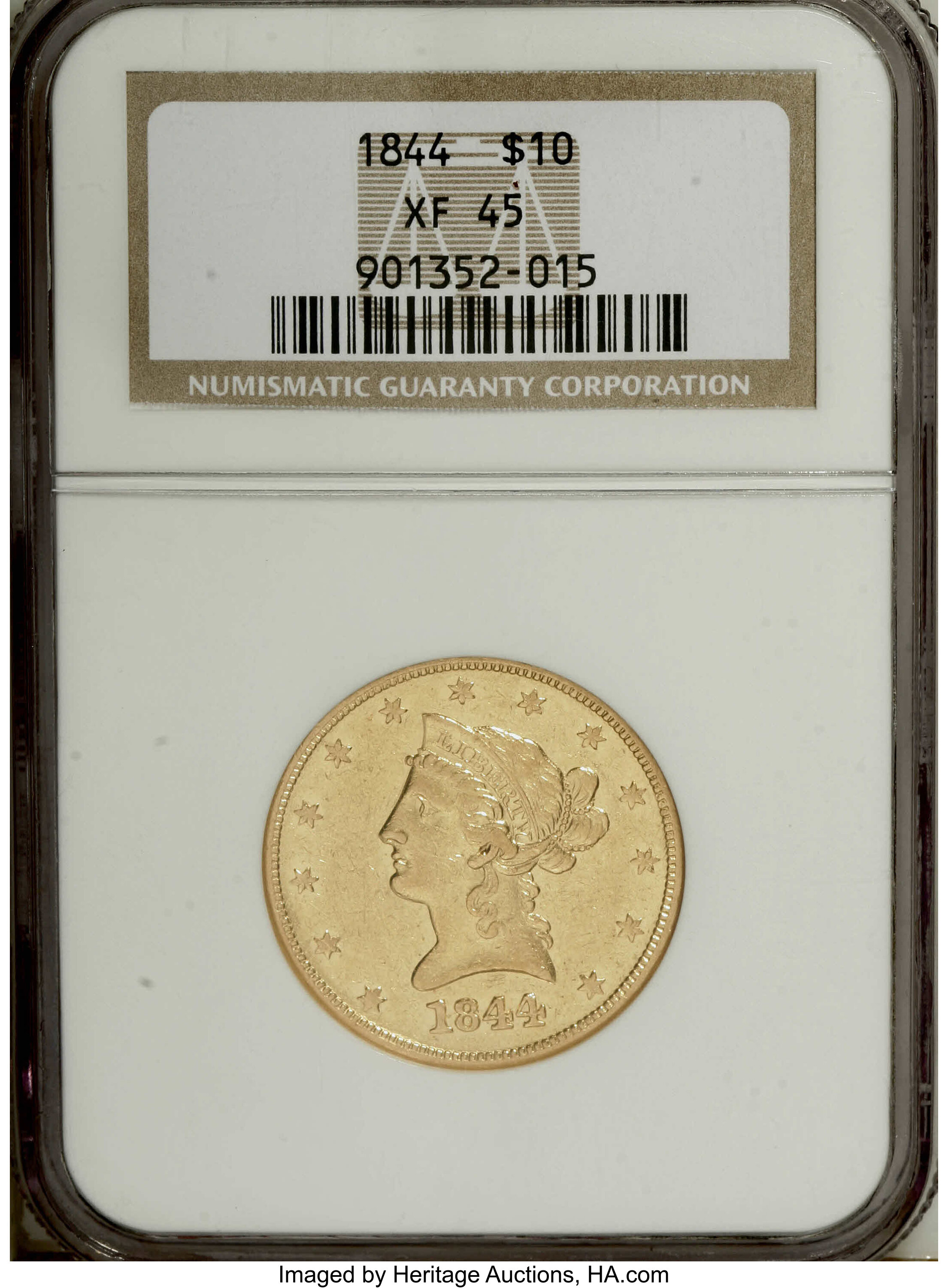 image for: 1844 $10 XF45 NGC. Struck during the last year of the Hard Times, 1838-1844, the 1844 ten dollar had a low mintage of only ...