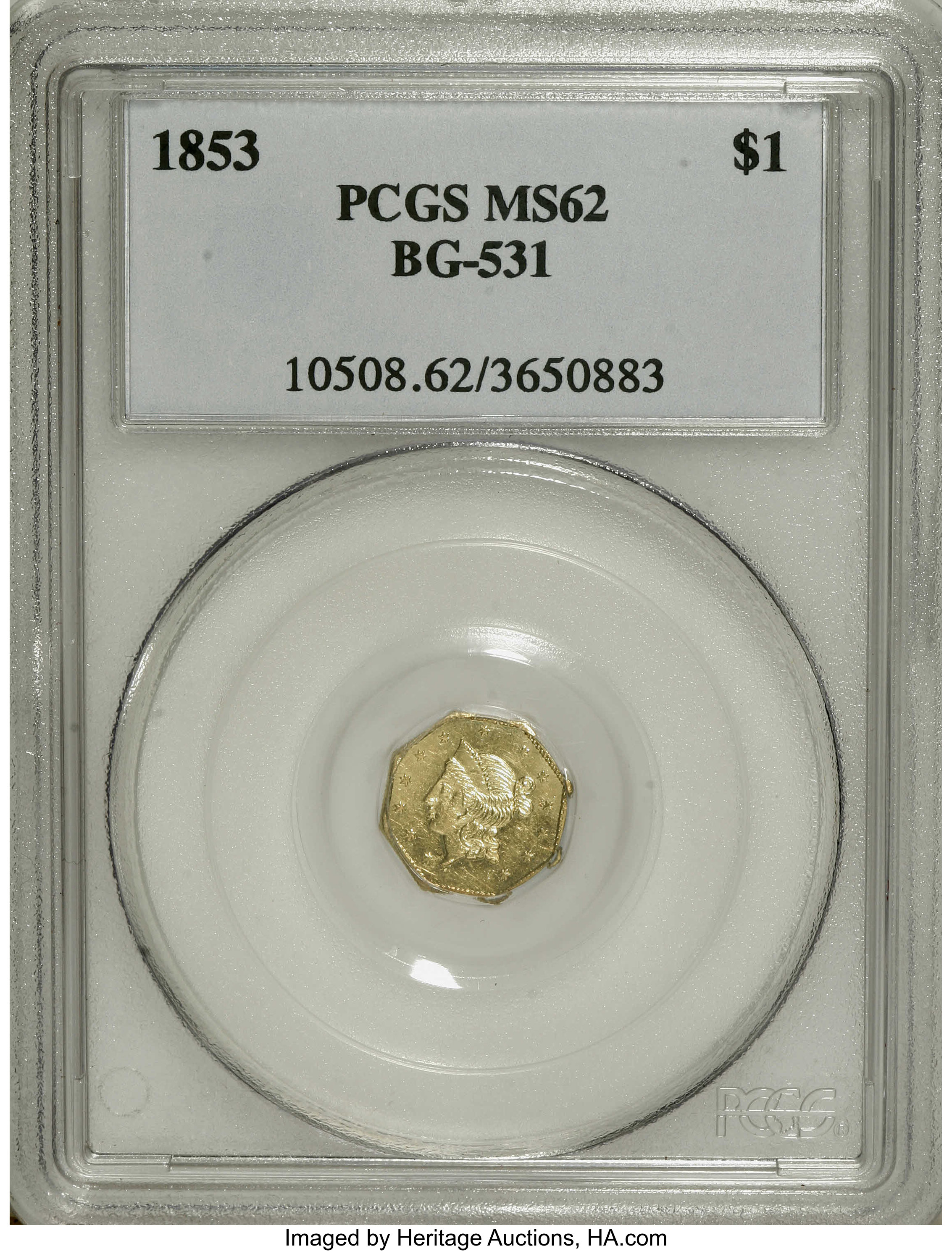 image for: 1853 $1 Liberty Octagonal 1 Dollar, BG-531, R.4, MS62 PCGS. A well struck Period One gold piece whose bright fields show mi...