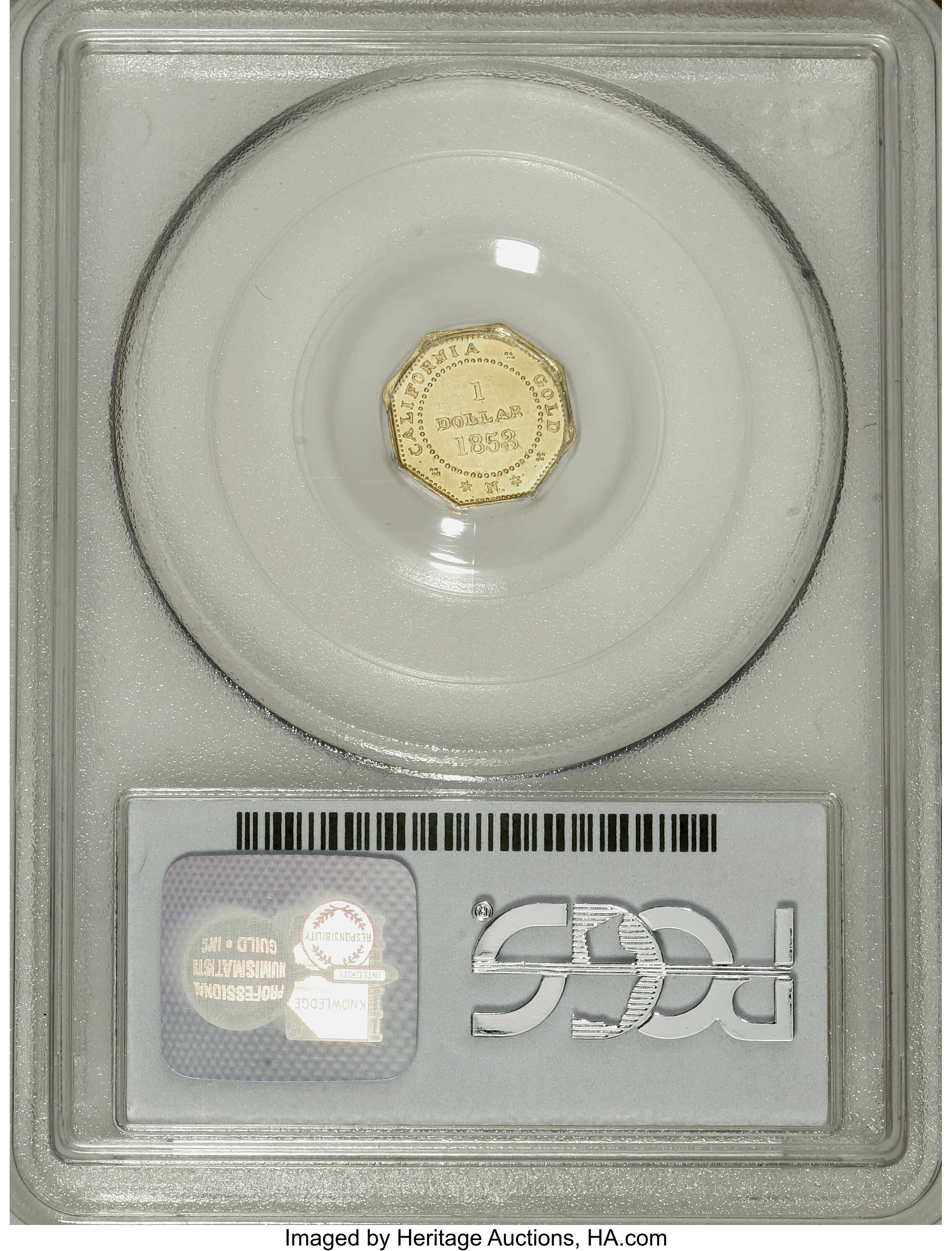 image for: 1853 $1 Liberty Octagonal 1 Dollar, BG-531, R.4, MS62 PCGS. A well struck Period One gold piece whose bright fields show mi...