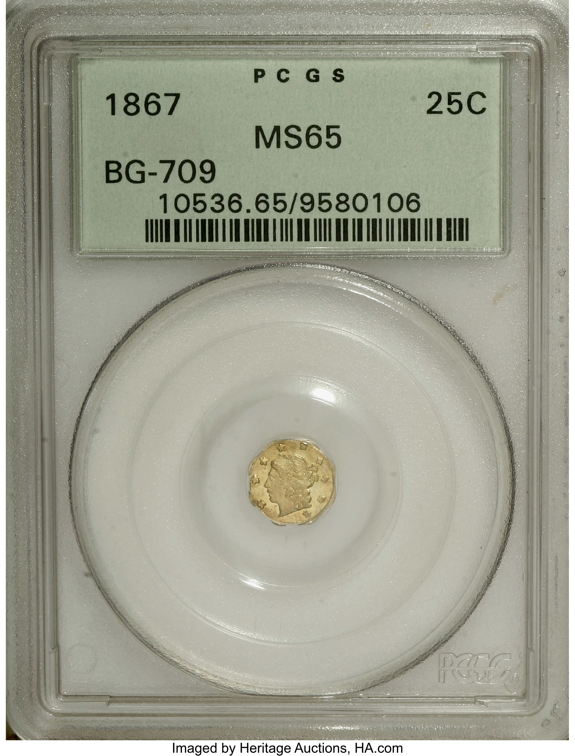 image for: 1867 25C Liberty Octagonal 25 Cents, BG-709, R.4, MS65 PCGS. A honey-gold Gem that boasts reflective fields and an even str...