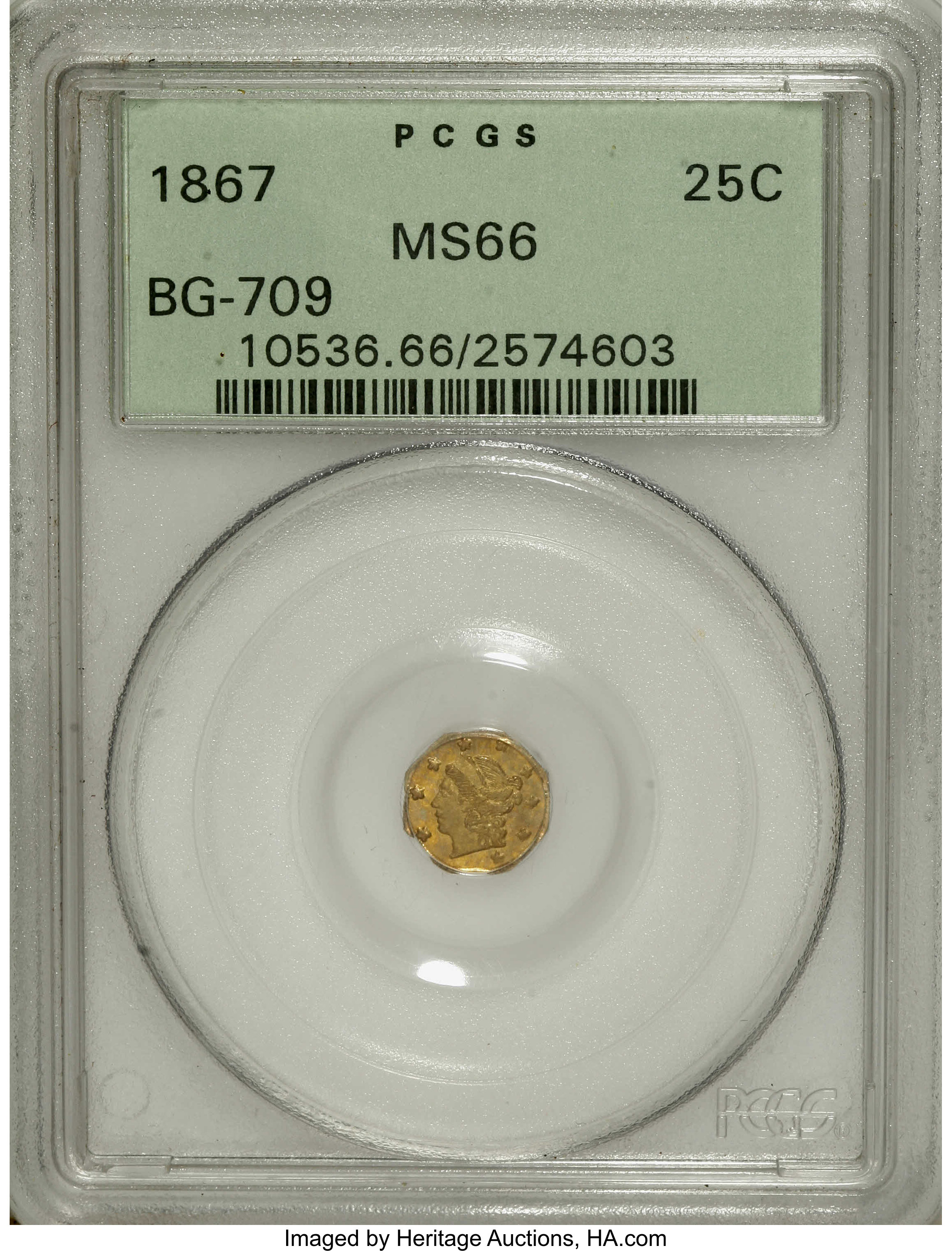 image for: 1867 25C Liberty Octagonal 25 Cents, BG-709, R.4, MS66 PCGS. Pumpkin-gold and lime-green endow this precisely struck and go...