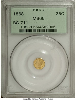 image for: 1868 25C Liberty Octagonal 25 Cents, BG-711, R.4, MS65 PCGS. The luminous almond-gold fields are splendidly smooth, and the...