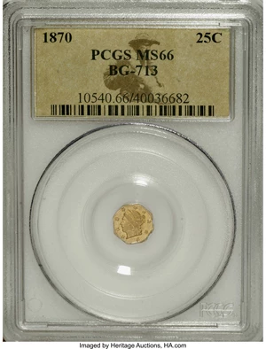 image for: 1870 25C Liberty Octagonal 25 Cents, BG-713, R.4, MS66 PCGS. A satiny and smooth high grade fractional gold piece with an e...