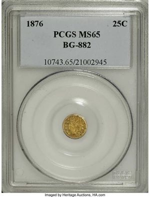 image for: 1876 25C Indian Round 25 Cents, BG-882, R.7, MS65 PCGS. A well-made Gem of this rare die pairing. The fields are smooth and...