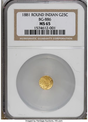 image for: 1881 25C Indian Round 25 Cents, BG-886, High R.5, MS65 NGC. Characterized by huge stars 9 and 10, that the BG-reference sta...