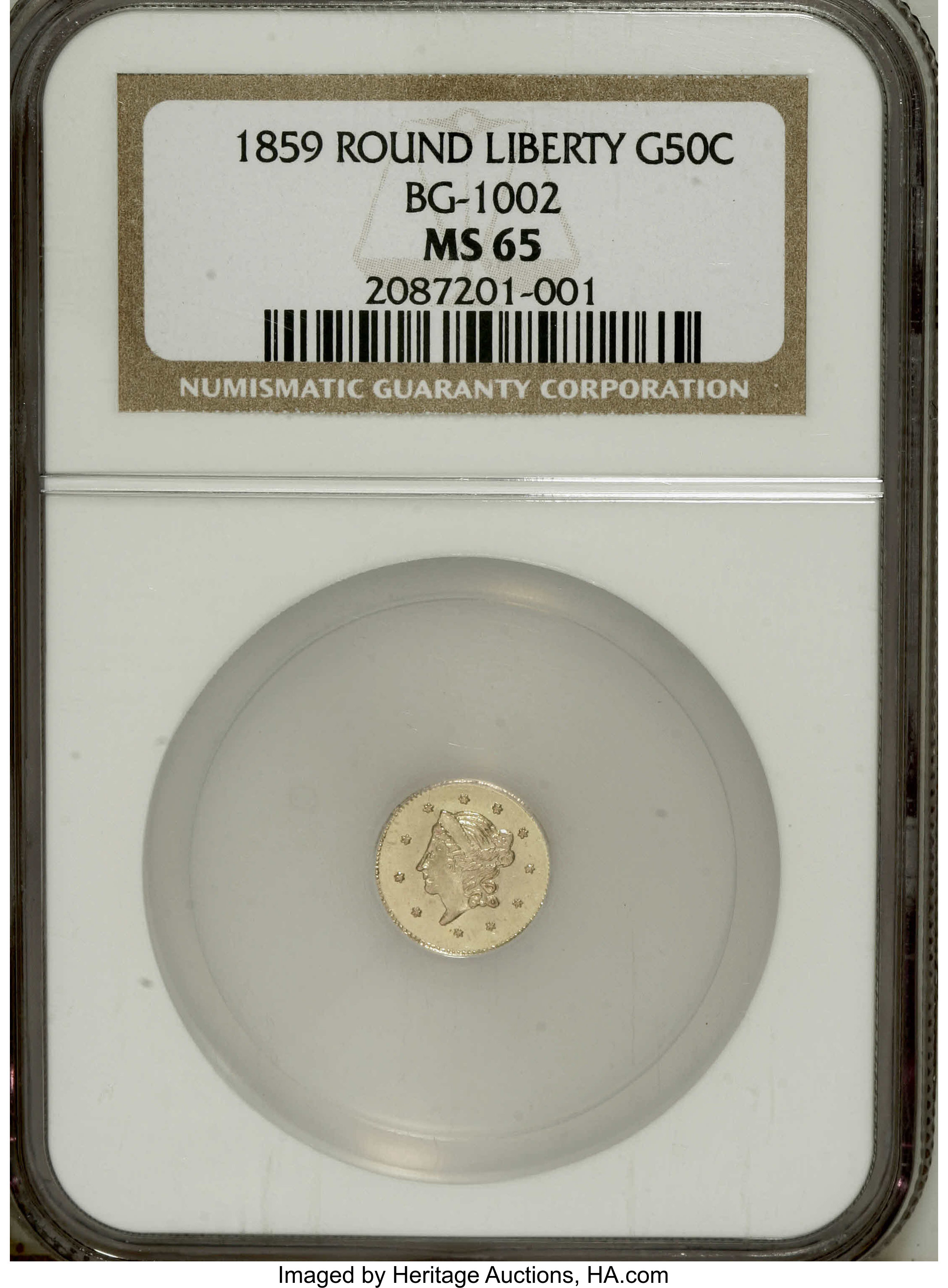 image for: 1859 50C Liberty Round 50 Cents, BG-1002, High R.4, MS65 NGC. This splendidly unabraded Gem provides silky fields and sharp...