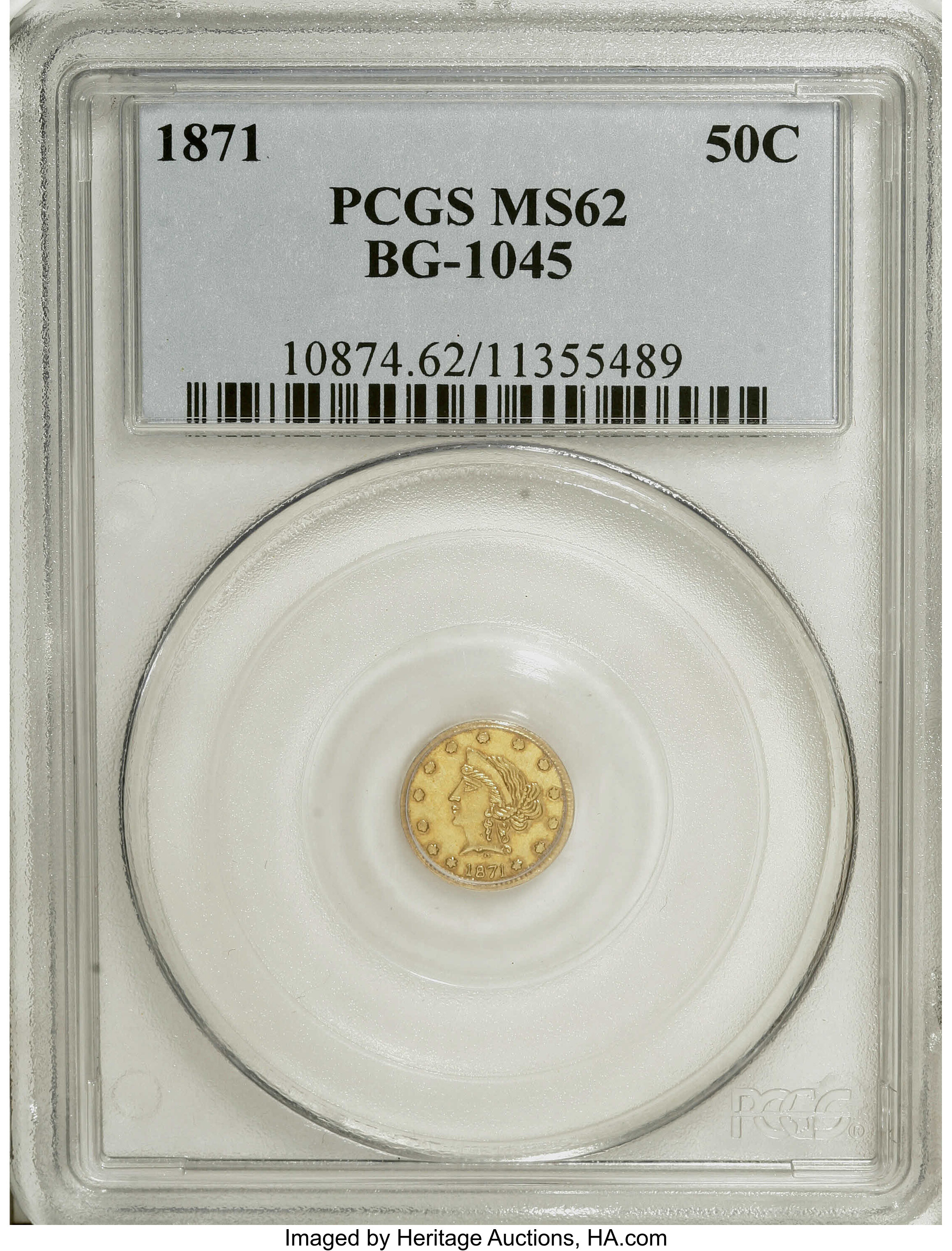 image for: 1871 50C Liberty Round 50 Cents, BG-1045, R.5, MS62 PCGS. This well struck and moderately prooflike chestnut-gold piece has...