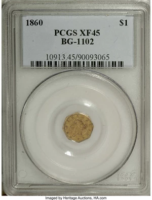 image for: 1860 $1 Liberty Octagonal 1 Dollar, BG-1102, R.4, XF45 PCGS. A green-gold octagonal dollar with light lilac highlights. Mag...