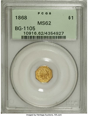 image for: 1868 $1 Liberty Octagonal 1 Dollar, BG-1105, High R.4, MS62 PCGS. The flashy mirrored fields are toned rich apricot-gold, a...