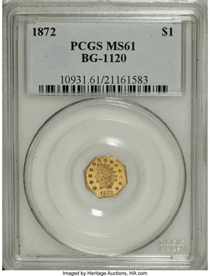 image for: 1872 $1 Indian Octagonal 1 Dollar, BG-1120, Low R.5, MS61 PCGS. The anomalous obverse die with a period after the date, als...