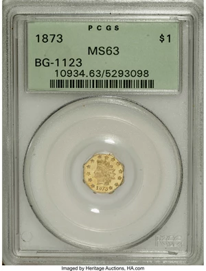 image for: 1873 $1 Indian Octagonal 1 Dollar, BG-1123, High R.4, MS63 PCGS. The brightly mirrored fields lack noticeable marks. Slende...