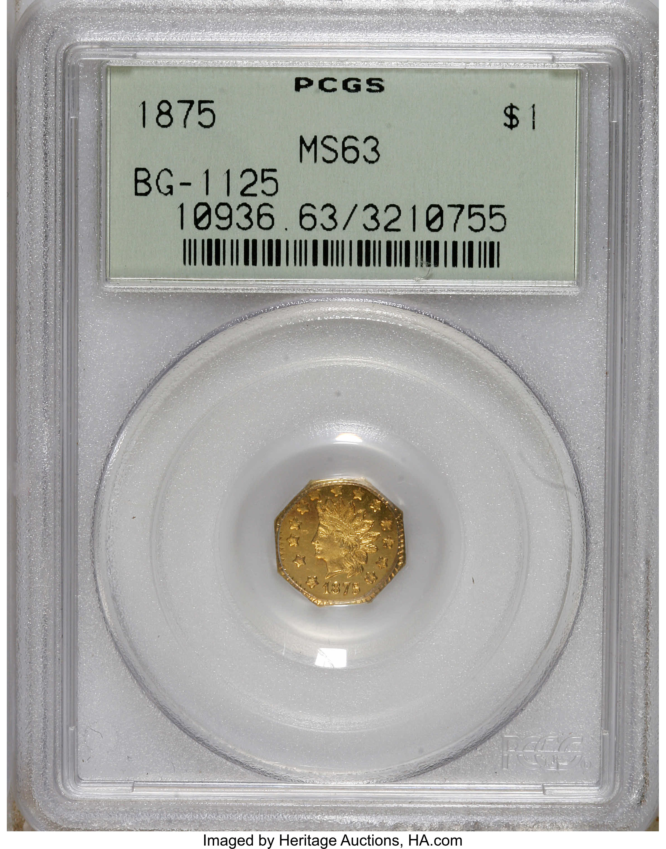 image for: 1875 $1 Indian Octagonal 1 Dollar, BG-1125, Low R.5, MS63 PCGS. This piece is fully prooflike with full details where they ...