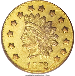 image for: 1872 $1 Indian Round 1 Dollar, BG-1207, R.4, MS62 PCGS. There are only three Breen-Gillio varieties of Period Two Indian ro...