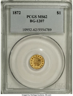 image for: 1872 $1 Indian Round 1 Dollar, BG-1207, R.4, MS62 PCGS. There are only three Breen-Gillio varieties of Period Two Indian ro...
