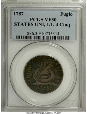 image for: 1787 1C Fugio Cent, STATES UNITED, 1/Horizontal 1 VF30 PCGS. Newman 10-T, R.5. As of (4/07), PCGS has certified only four e...