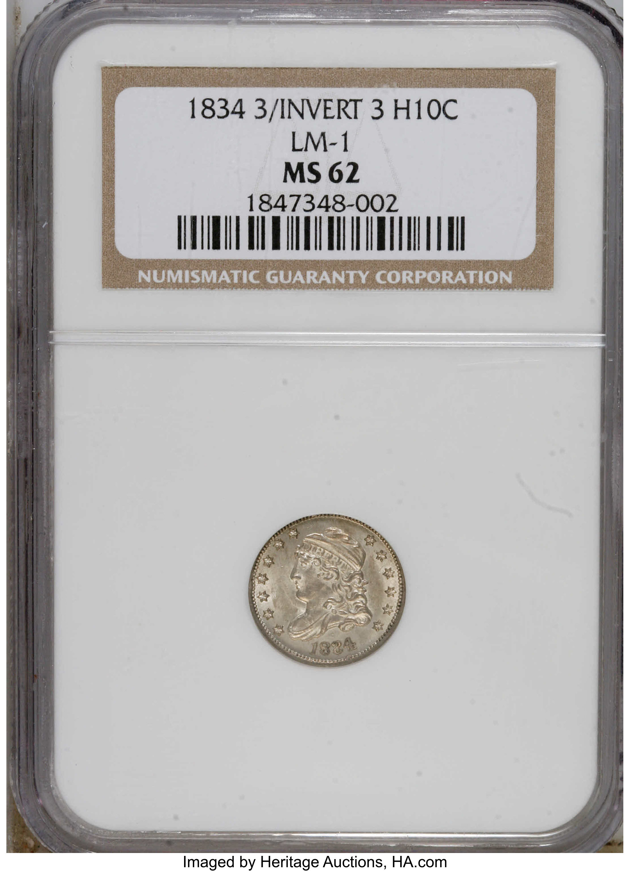 image for: 1834 H10C 3/Inverted 3 MS62 NGC. V-5, LM-1, R.2. The 3 in the date is punched over an inverted 3, and the lower loop of the...