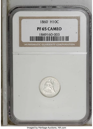 image for: 1860 H10C PR65 Cameo NGC. NGC and PCGS have certified approximately 280 proof half dimes of 1860, of which 1,000 pieces wer...
