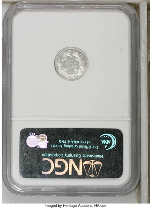 image for: 1860 H10C PR65 Cameo NGC. NGC and PCGS have certified approximately 280 proof half dimes of 1860, of which 1,000 pieces wer...