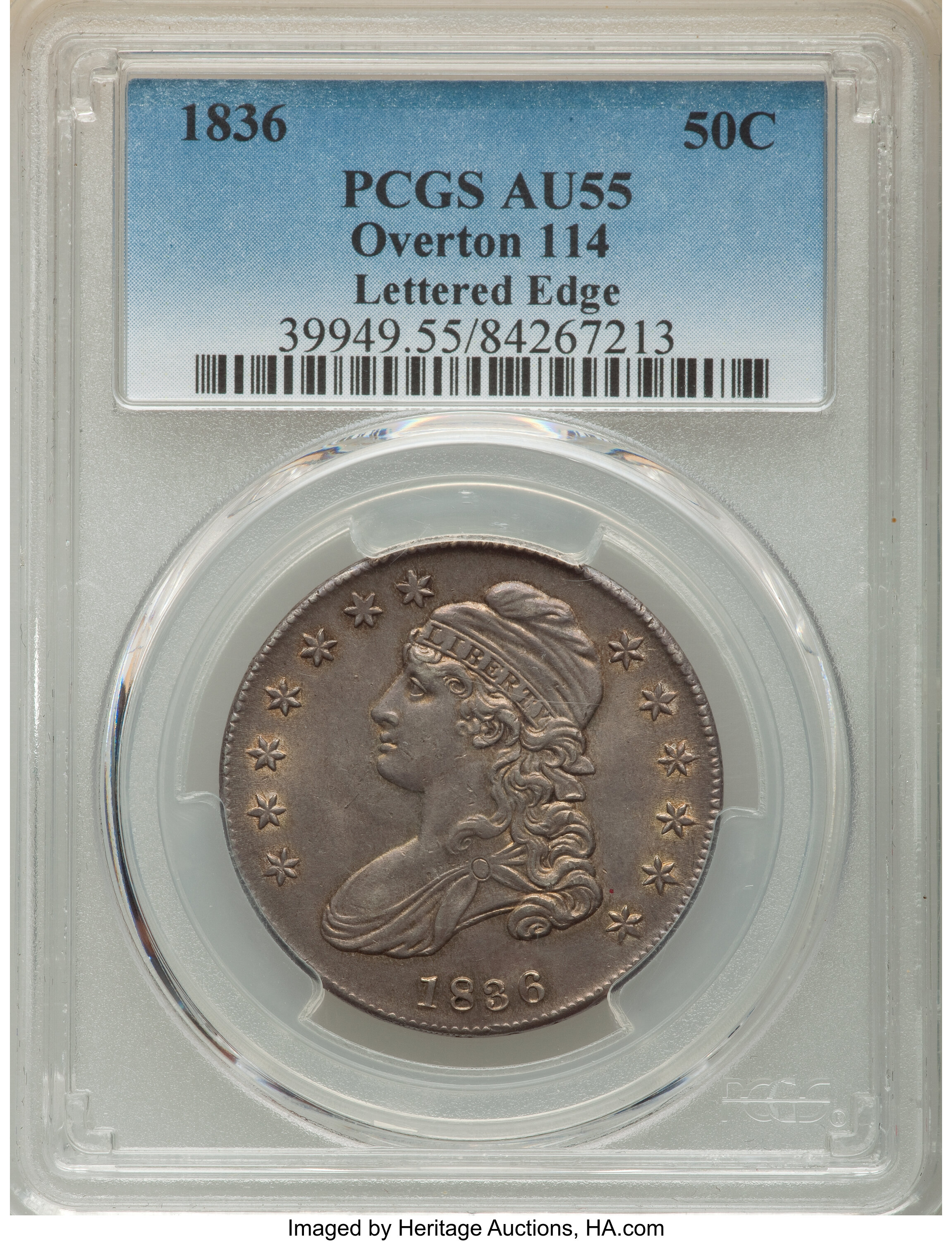 image for: 1836 50C Lettered Edge, O-114, R.2, AU55 PCGS. PCGS Population: (5/4). NGC Census: (2/7). AU55. Mintage 6,545,000. ...